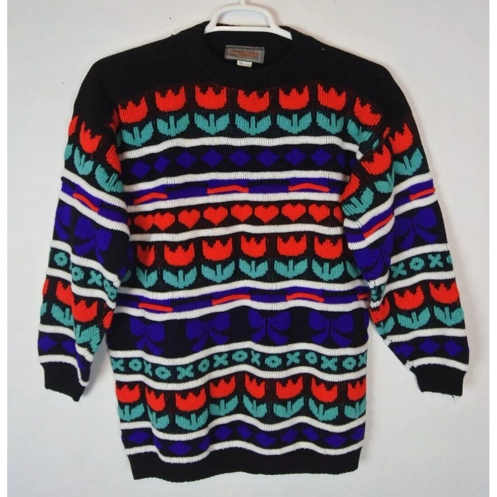 Vintage Liz Baker Sport Floral Knot Sweater Red Lilies &‎ Bows Womens XL